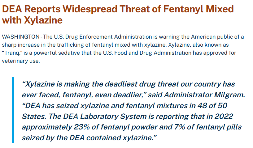 DEA Public Safety Alert: Widespread Threat of Fentanyl Mixed with Xylazine ("Tranq")