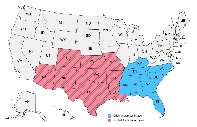 Map displaying the United States that highlights the 8 original member states of the sr-ddrc as well as the 9 sunbelt expansion states
